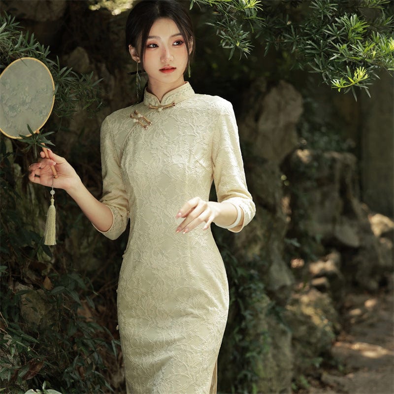 Beth and Brian Qipao - JN Spring collection, lace fabric, beige midi Cheongsam