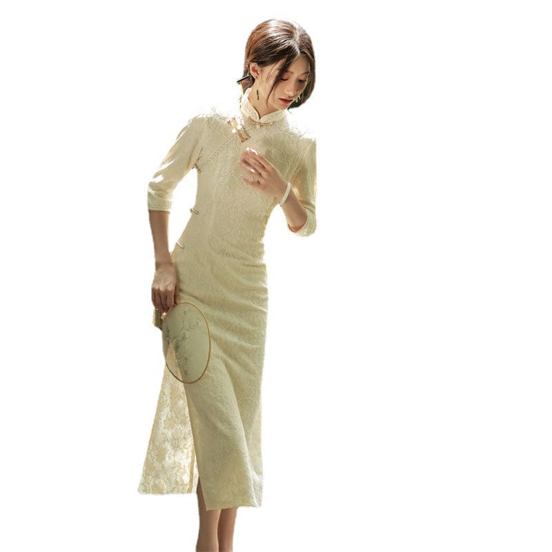 Beth and Brian Qipao - JN Spring collection, lace fabric, beige midi Cheongsam