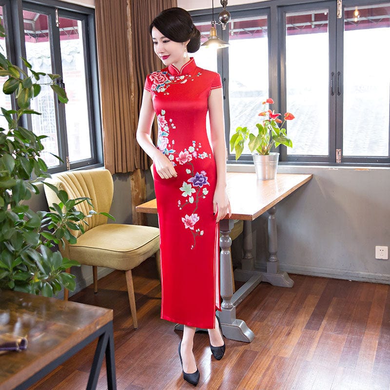 Beth and Brian Qipao-ZQYS Floral print, red long Cheongsam with cap sleeves