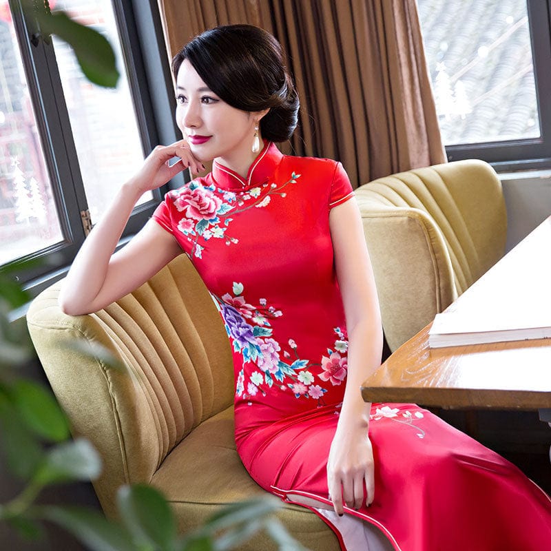 Beth and Brian Qipao-ZQYS Floral print, red long Cheongsam with cap sleeves