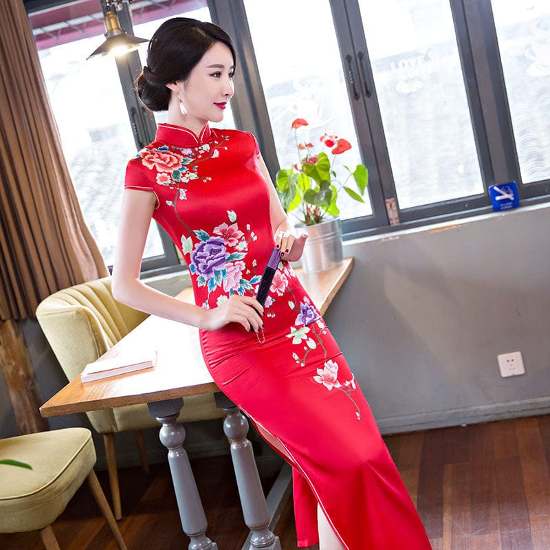 Beth and Brian Qipao-ZQYS Floral print, red long Cheongsam with cap sleeves