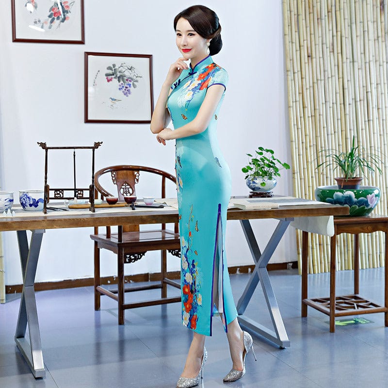 Beth and Brian Qipao-ZQYS Floral print, blue silk long Cheongsam with cap sleeves