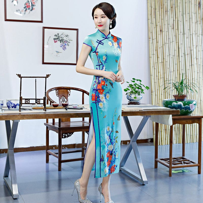 Beth and Brian Qipao-ZQYS Floral print, blue silk long Cheongsam with cap sleeves