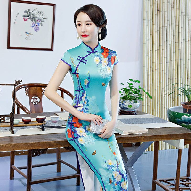 Beth and Brian Qipao-ZQYS Floral print, blue silk long Cheongsam with cap sleeves