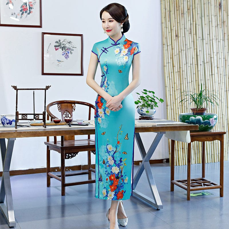 Beth and Brian Qipao-ZQYS Floral print, blue silk long Cheongsam with cap sleeves