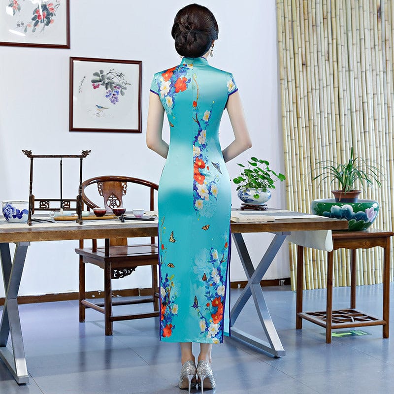 Beth and Brian Qipao-ZQYS Floral print, blue silk long Cheongsam with cap sleeves