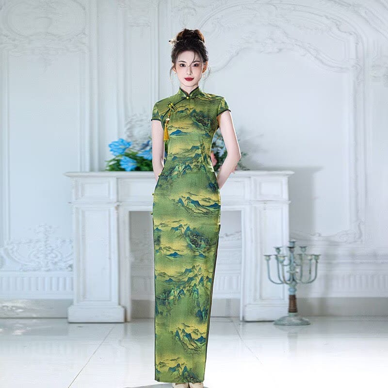 Beth and Brian Qipao-XYG Vivian Chinese Landscape Mountain Print Long Plus Size Cheongsam