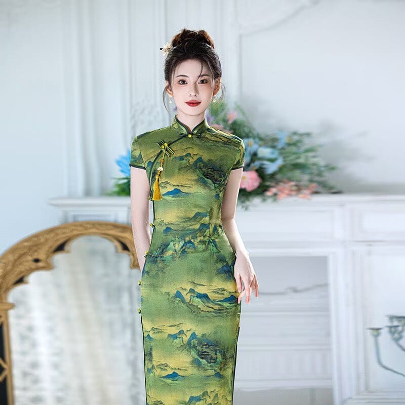 Beth and Brian Qipao-XYG Vivian Chinese Landscape Mountain Print Long Plus Size Cheongsam