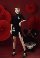 Crane embroidery, velvet fabric, black Qipao dress, short Cheongsam dress