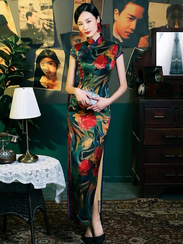 Mulberry silk, floral pattern, old Shanghai style, High-end long Qipao dress