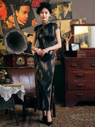 Mulberry silk, High-end  long  black Qipao dress