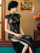 Mulberry silk, High-end  long  black Qipao dress
