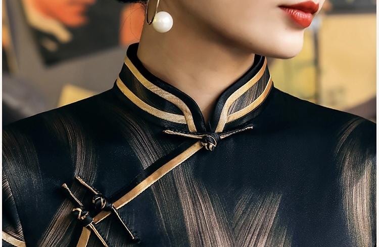 Mulberry silk, High-end  long  black Qipao dress