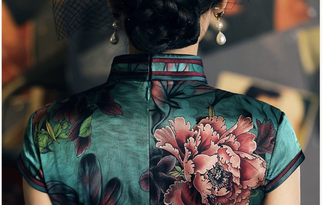 Mulberry silk, floral pattern, High-end, Green Qipao dress