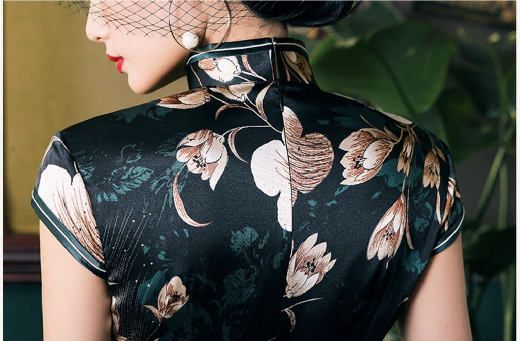 Mulberry silk, Floral pattern, Old Shanghai style, High-end long Qipao