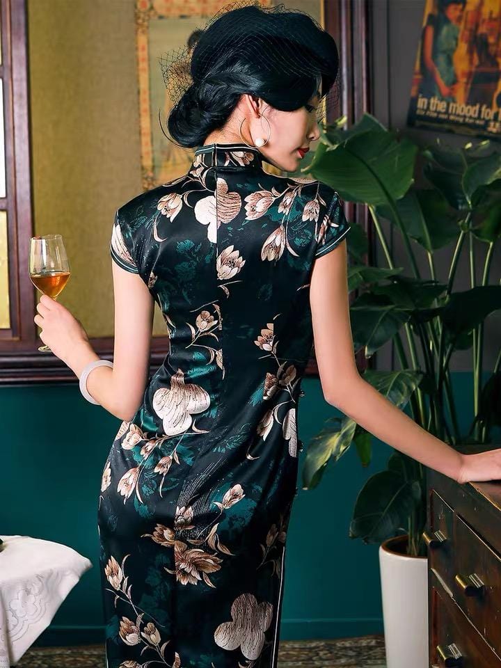 Mulberry silk, Floral pattern, Old Shanghai style, High-end long Qipao