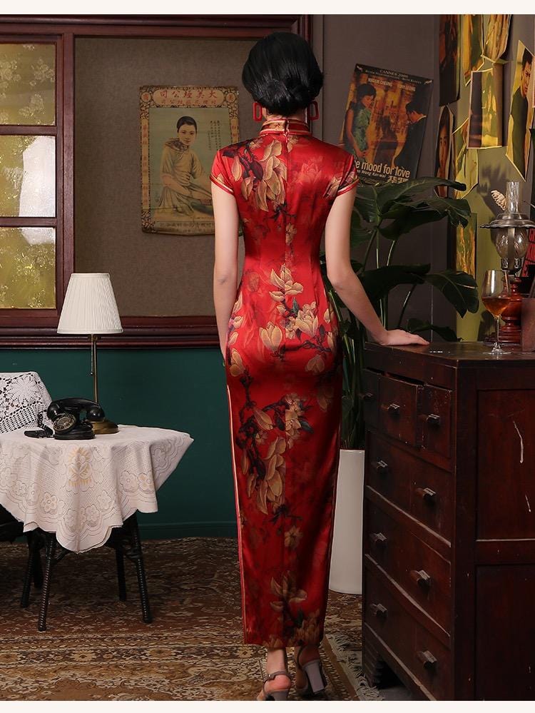 Natural silk, Floral pattern, High-end, Red Qipao