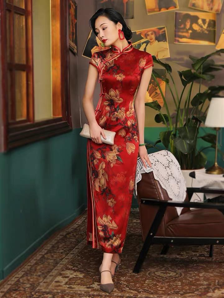 Natural silk, Floral pattern, High-end, Red Qipao
