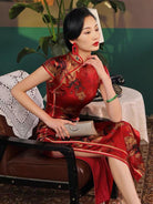 Natural silk, Floral pattern, High-end, Red Qipao