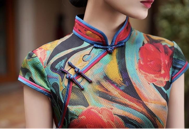 Natural silk, floral pattern, Mid-length Qipao dress