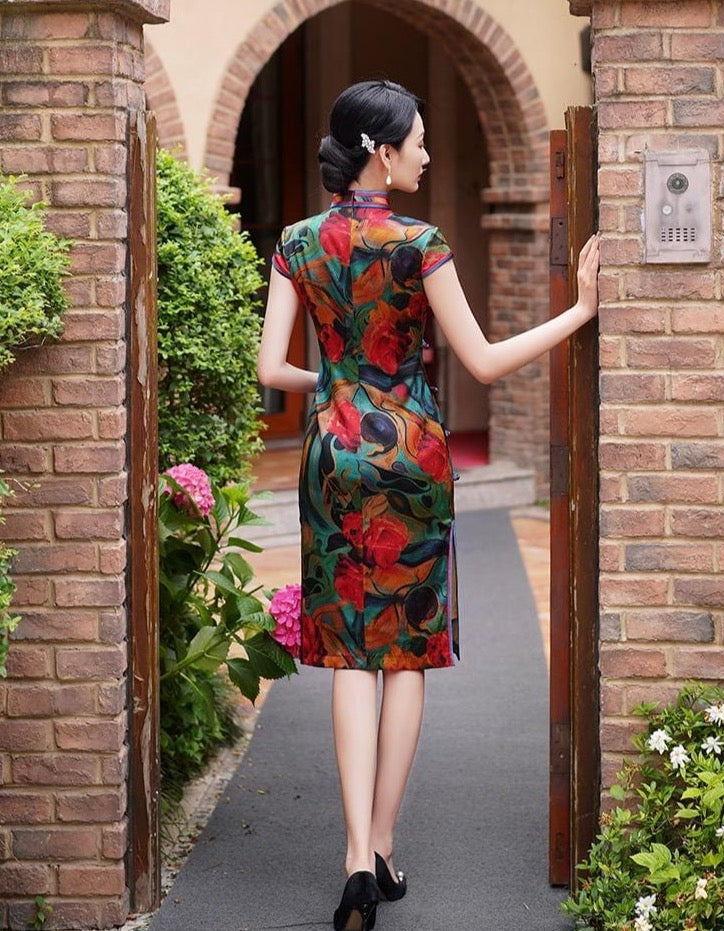 Natural silk, floral pattern, Mid-length Qipao dress
