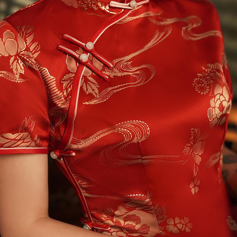 Chinese retro style, artificial silk long Qipao with short sleeves