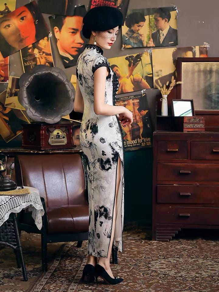 Natural silk, Chinese ink painting, High-end long Qipao