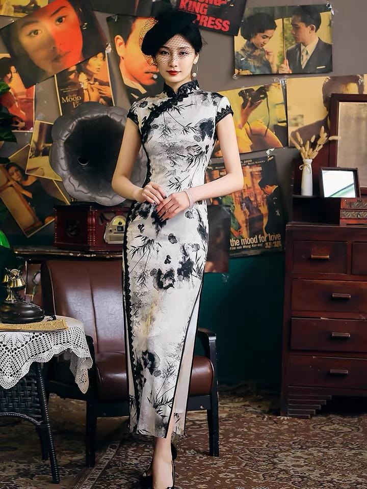 Natural silk, Chinese ink painting, High-end long Qipao