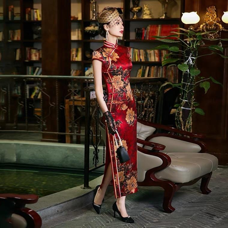 Dress Silk Qipao Red Silk Cheongsam Qipao Magnolia, 2XL Dress Silk Qipao Red Silk Cheongsam Qipao Magnolia, 2XL