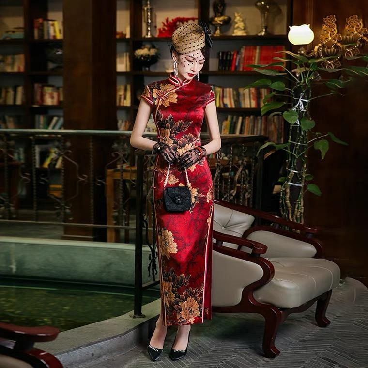 Mulberry silk, Floral pattern, High-end long Qipao