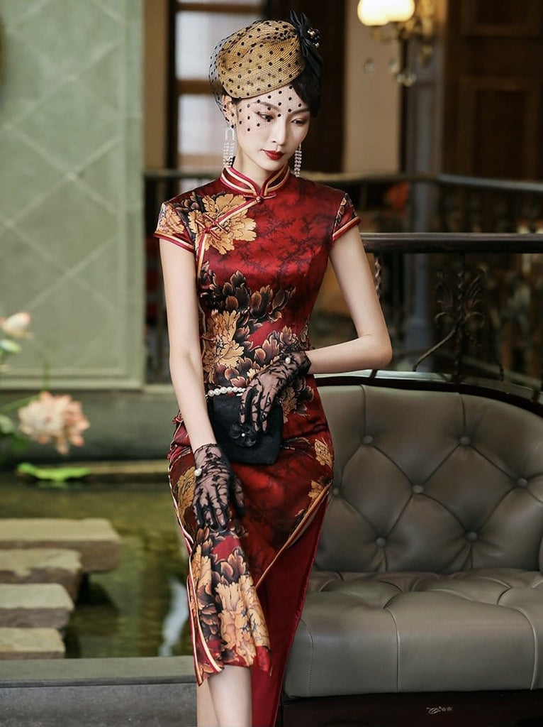 Mulberry silk, Floral pattern, High-end long Qipao