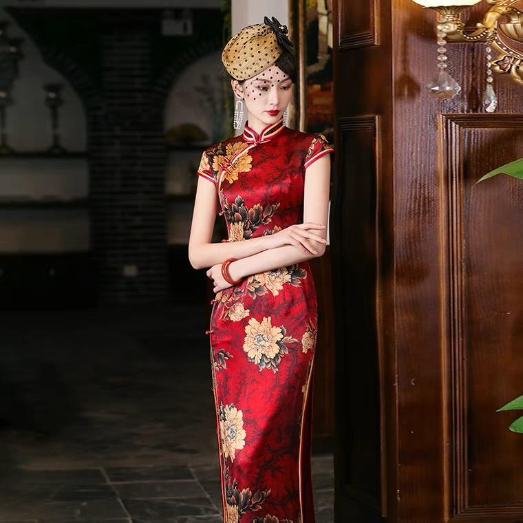 Mulberry silk, Floral pattern, High-end long Qipao