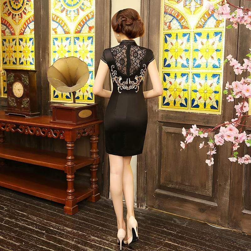Floral embroidery, artificial silk short Qipao