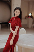 Butterfly pattern, lace long Qipao with lotus leaf sleeves