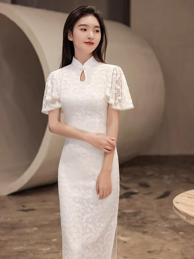 Butterfly pattern, lace long Qipao with lotus leaf sleeves