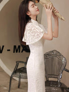 Butterfly pattern, lace long Qipao with lotus leaf sleeves