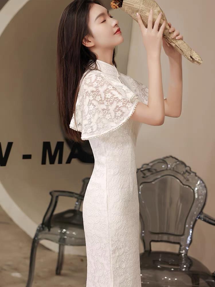Butterfly pattern, lace long Qipao with lotus leaf sleeves