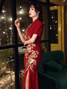 Floral embroidery, butterfly mesh fabric, red long Qipao