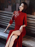 Floral embroidery, butterfly mesh fabric, long red Qipao