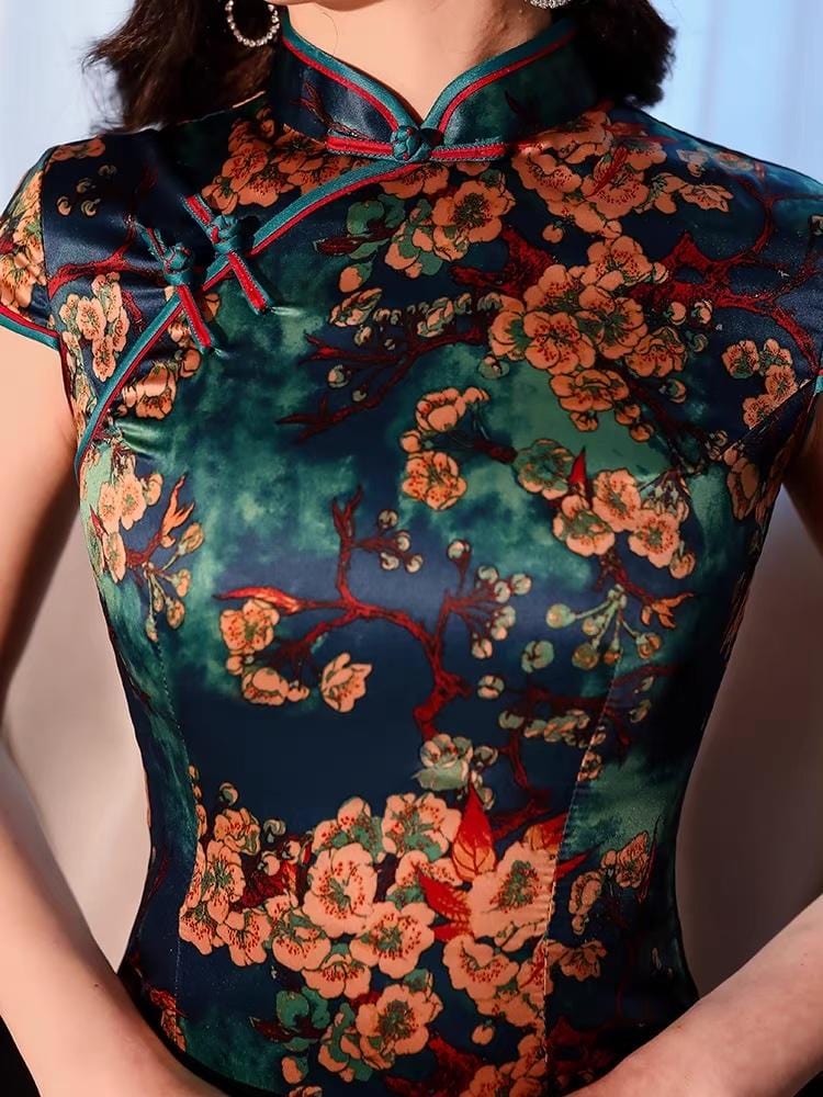 Floral pattern, artificial silk long Qipao