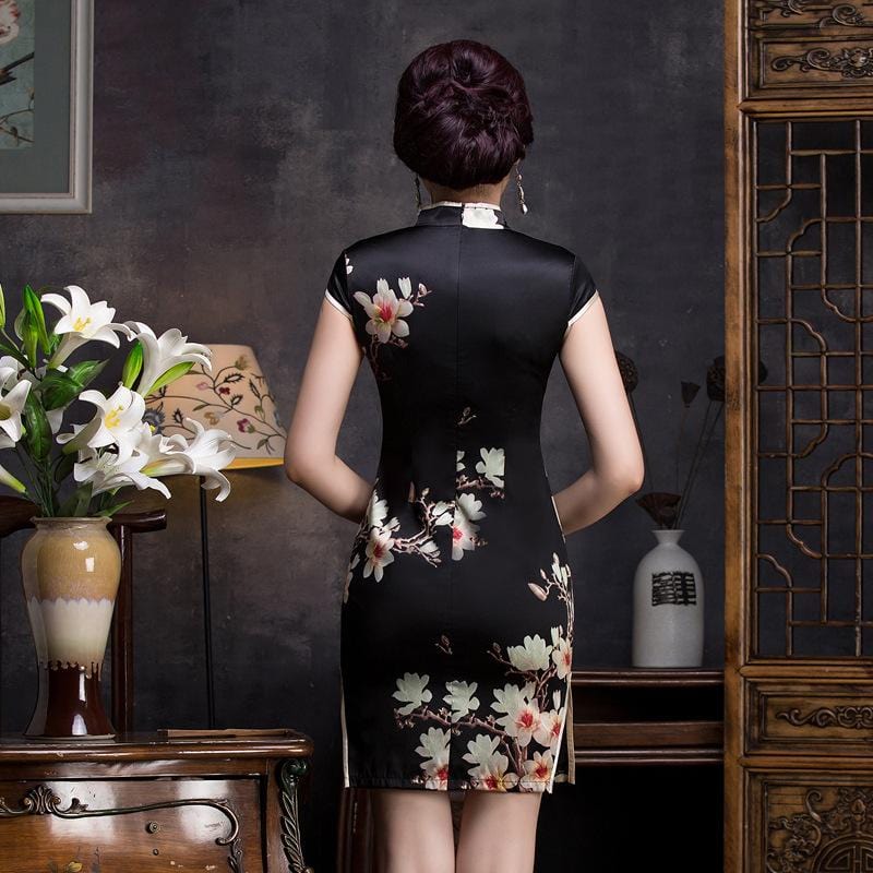 Floral pattern, 19 mome mulberry silk, mid length Qipao