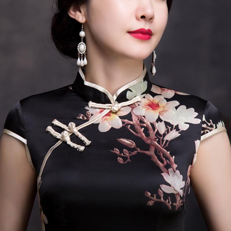Floral pattern, 19 mome mulberry silk, mid length Qipao