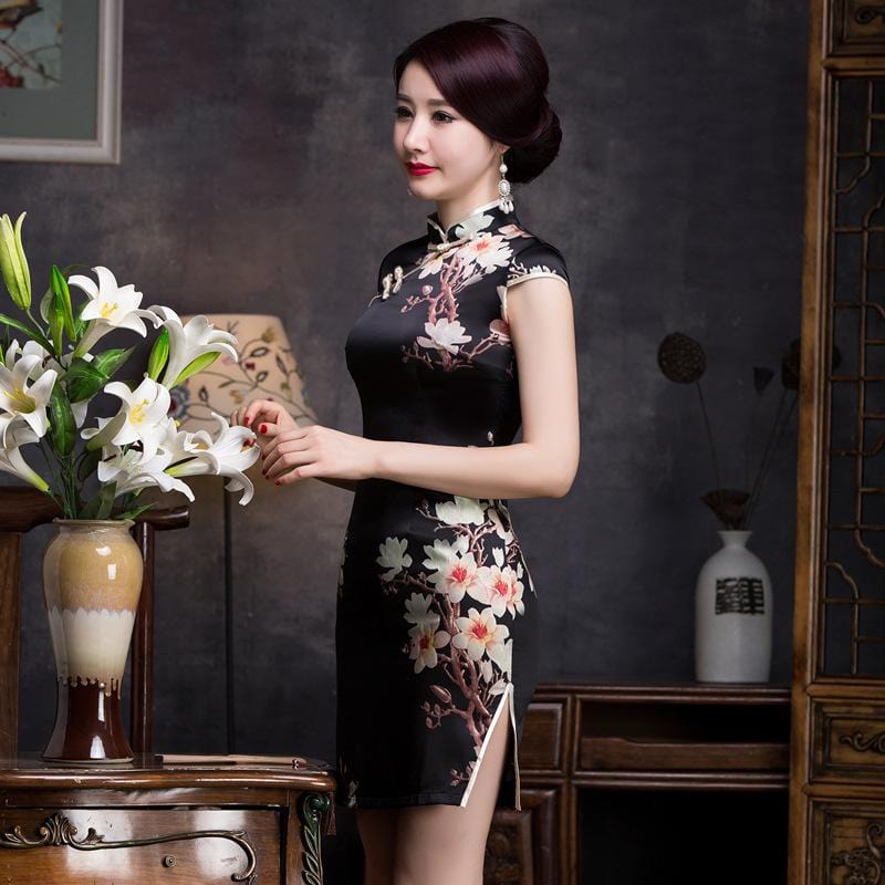Floral pattern, 19 mome mulberry silk, mid length Qipao