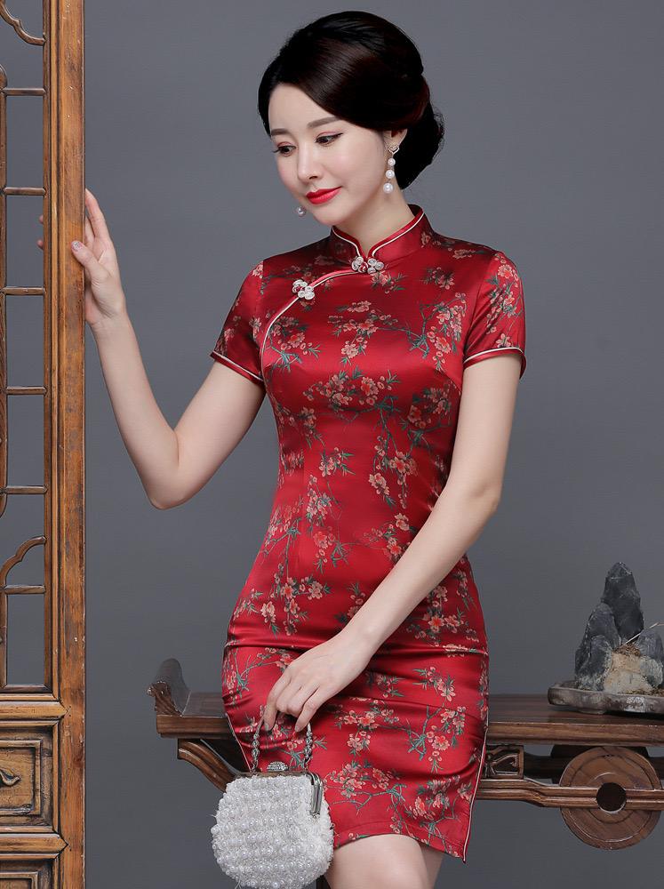 Floral pattern, 19 mome mulberry silk, short Qipao