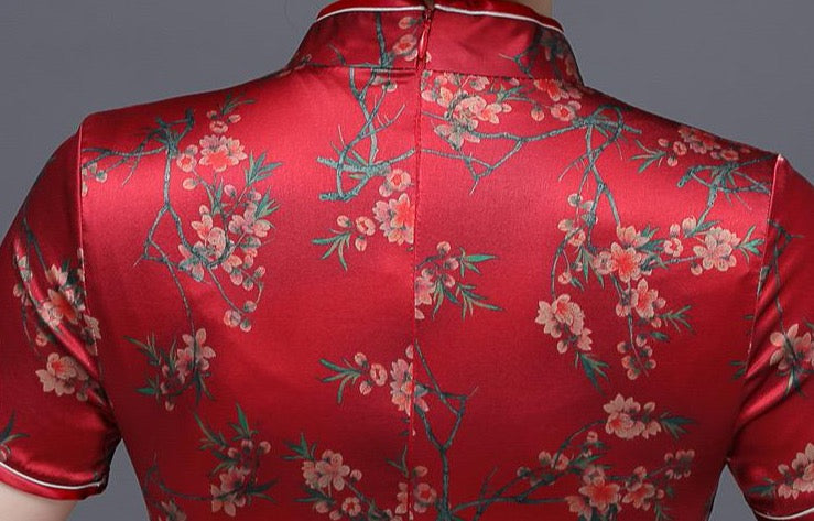 Floral pattern, 19 mome mulberry silk, short Qipao