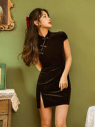 Corduroy fabric, black short Qipao with cap sleeve