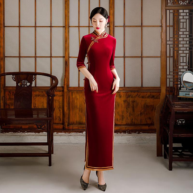 Gold and red, velvet fabric long Qipao