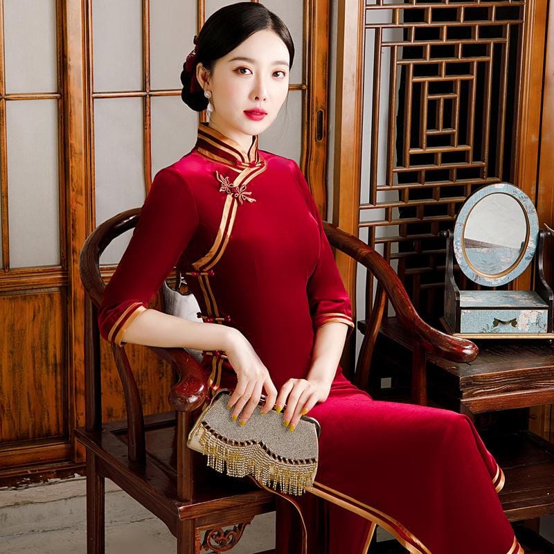 Gold and red, velvet fabric long Qipao