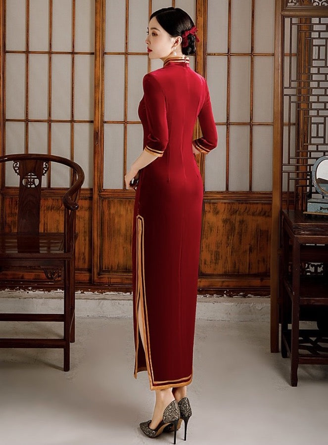 Gold and red, velvet fabric long Qipao