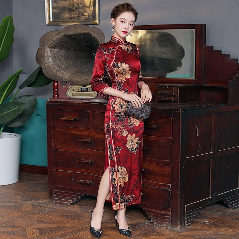 19 mome mulberry silk, floral pattern long Qipao